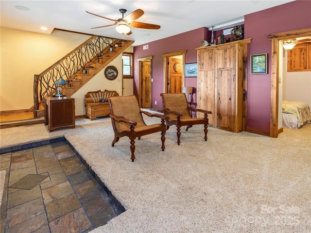 167 Bold Springs Rd, Sylva, NC 28779 - sitting room featuring stairs, a ceiling fan, baseboards, and carpet floors