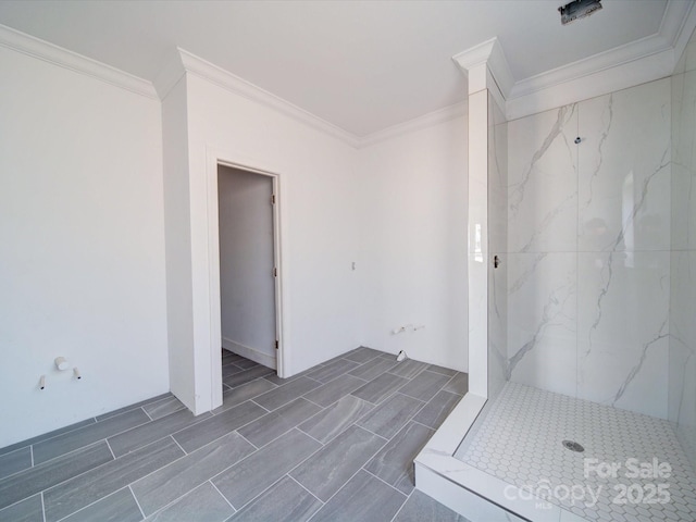 full bath with ornamental molding and a marble finish shower