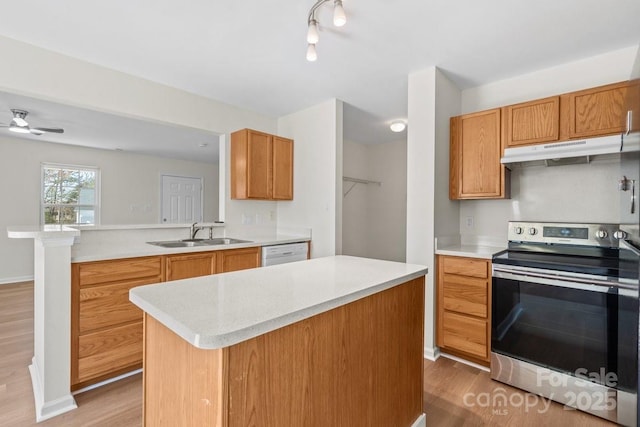 kitchen with under cabinet range hood, a peninsula, a sink, light countertops, and stainless steel range with electric stovetop