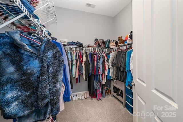 walk in closet with visible vents and carpet flooring