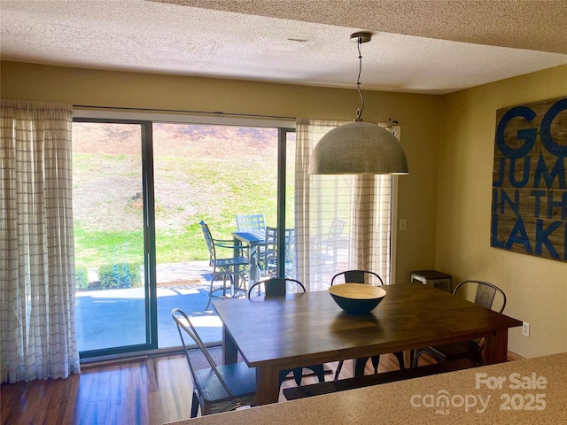 dining room with wood finished floors and a textured ceiling