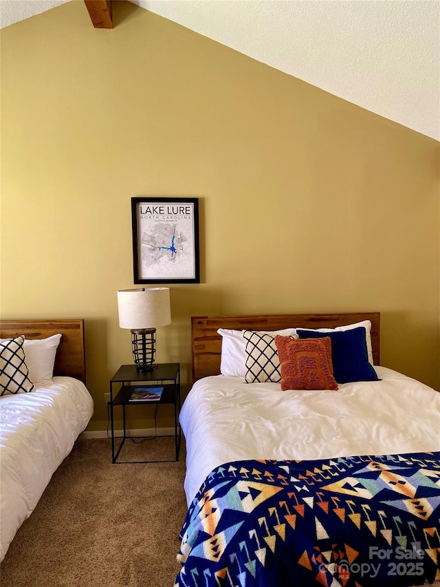 bedroom featuring baseboards, carpet, and vaulted ceiling