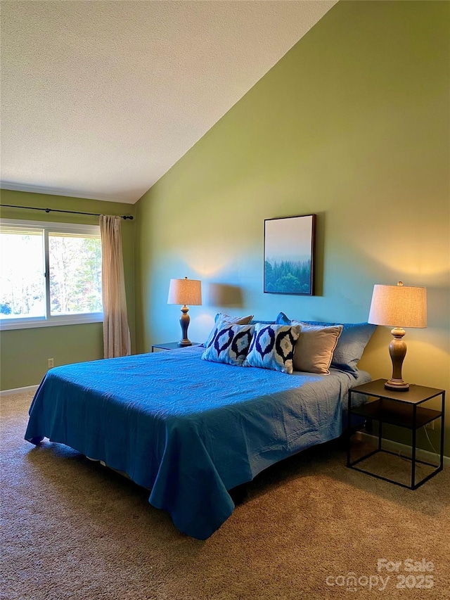 carpeted bedroom with lofted ceiling and a textured ceiling