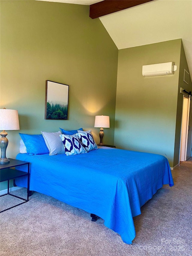 bedroom with visible vents, vaulted ceiling with beams, carpet flooring, and a wall mounted AC