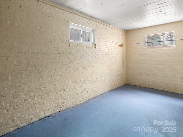 basement featuring brick wall