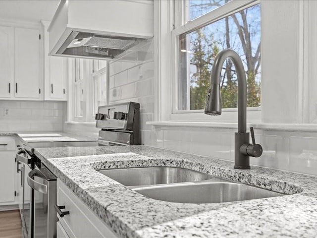 kitchen featuring a wealth of natural light, premium range hood, backsplash, and a sink