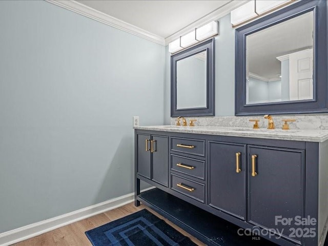 bathroom with double vanity, baseboards, wood finished floors, crown molding, and a sink