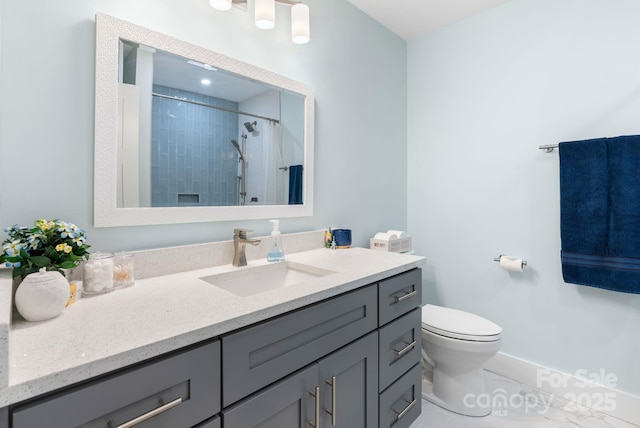 bathroom with a shower with shower curtain, toilet, and vanity