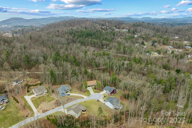 birds eye view of property with a mountain view and a view of trees