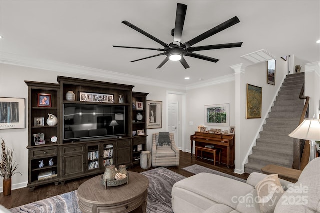 living room featuring dark wood-style flooring, ornamental molding, stairway, and baseboards