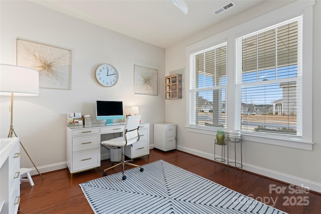 office featuring visible vents, dark wood finished floors, and baseboards