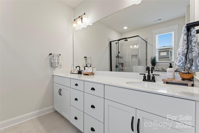 full bath featuring a stall shower, tile patterned floors, a sink, and double vanity