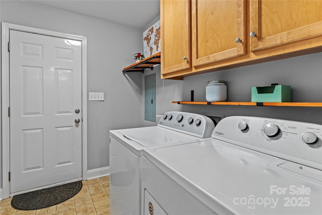 laundry area with independent washer and dryer, cabinet space, and baseboards