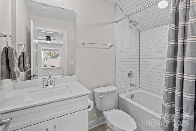 full bath featuring toilet, visible vents, baseboards, vanity, and shower / bathtub combination with curtain