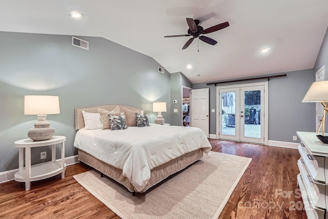 bedroom featuring visible vents, lofted ceiling, dark wood-style flooring, french doors, and access to outside