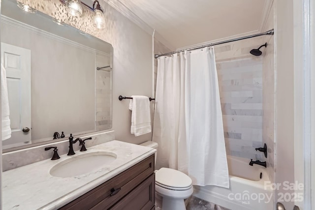 bathroom with vanity, toilet, and shower / bath combo with shower curtain