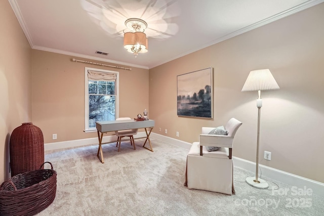 office space featuring visible vents, baseboards, carpet, ornamental molding, and an inviting chandelier