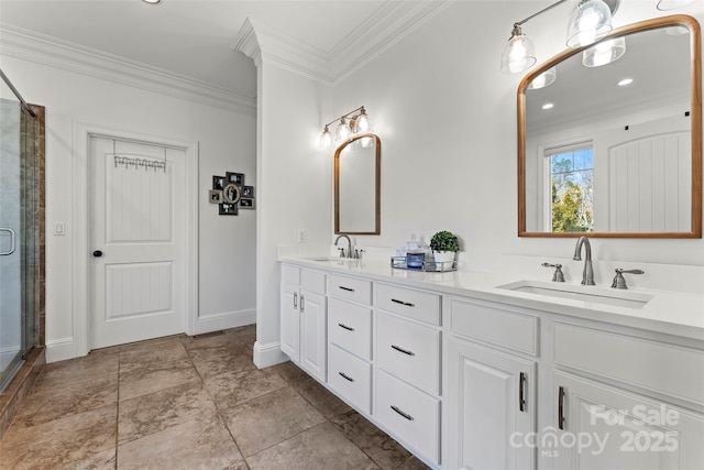 bathroom featuring double vanity, ornamental molding, a sink, and a shower stall