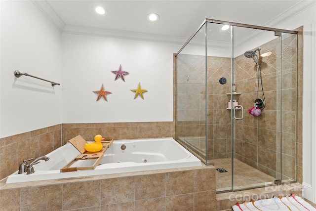 bathroom featuring a whirlpool tub, recessed lighting, a shower stall, and crown molding