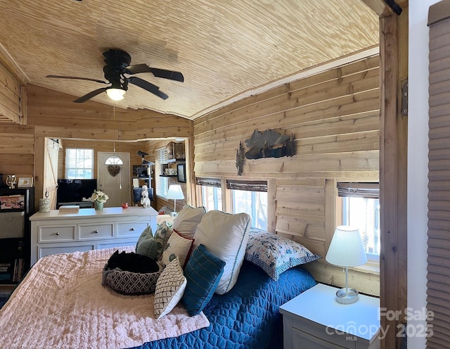 bedroom with wood ceiling, multiple windows, and vaulted ceiling