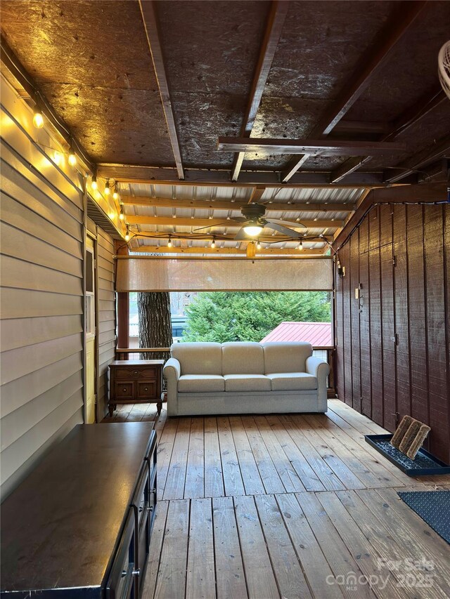 garage with wood walls