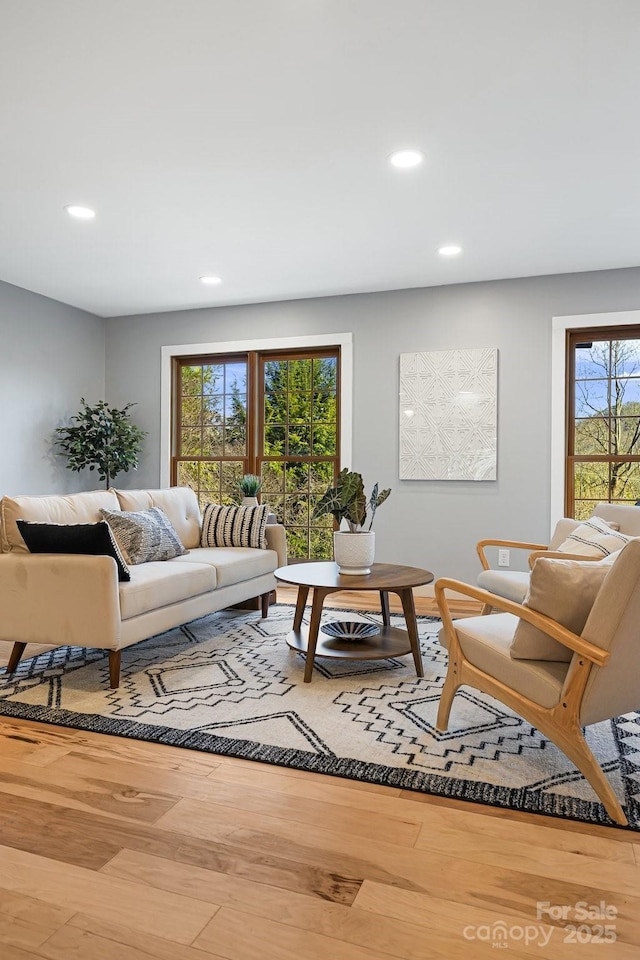 living area featuring wood finished floors and recessed lighting