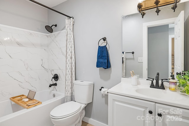 full bathroom with toilet, shower / bathtub combination with curtain, and vanity