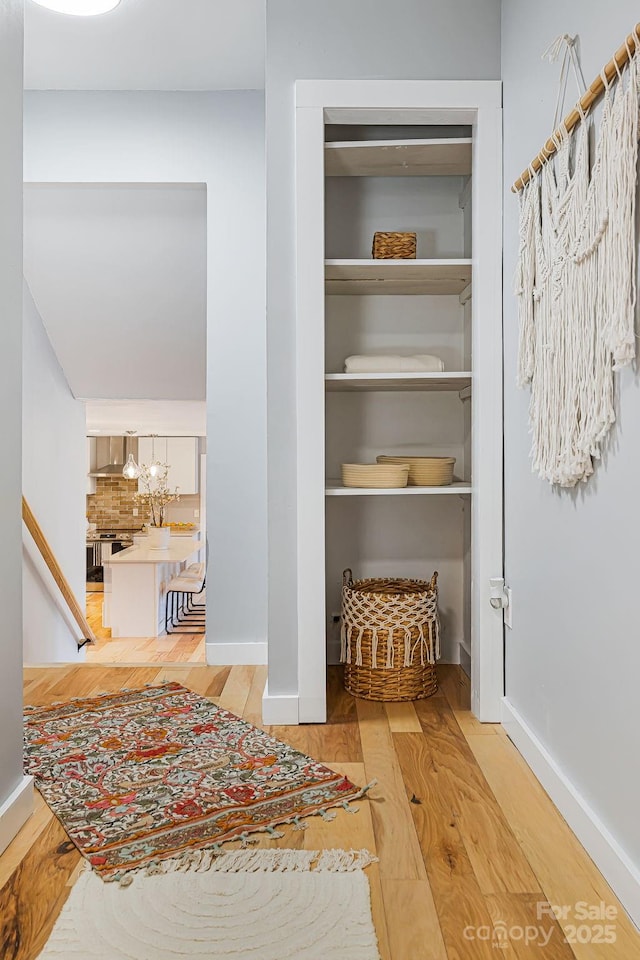 interior space with a closet, baseboards, and wood finished floors