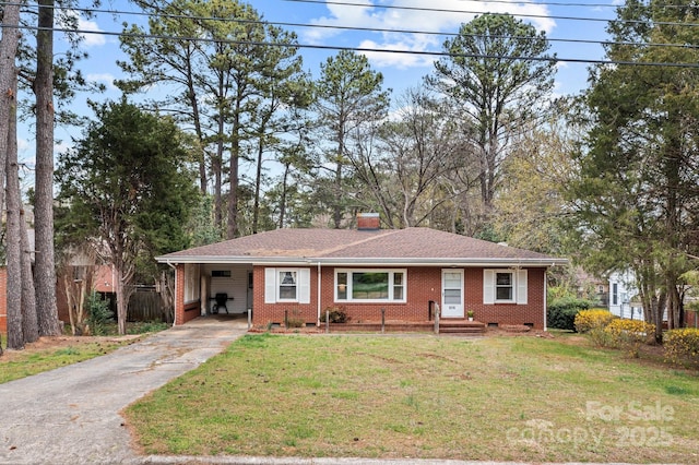 single story home with crawl space, brick siding, driveway, and a chimney