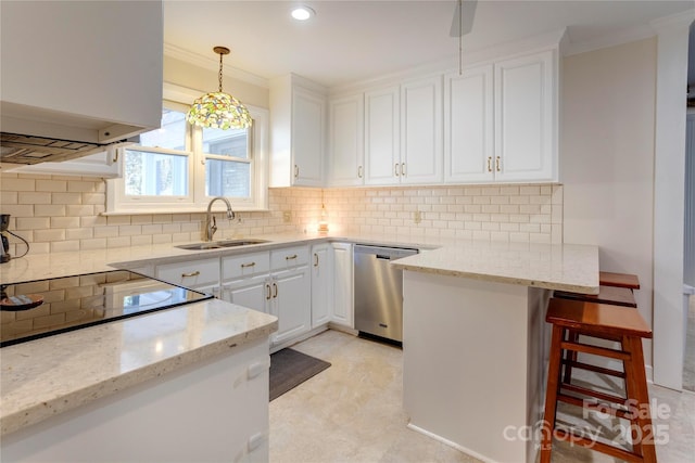 kitchen with dishwasher, light stone counters, a kitchen breakfast bar, white cabinetry, and a sink