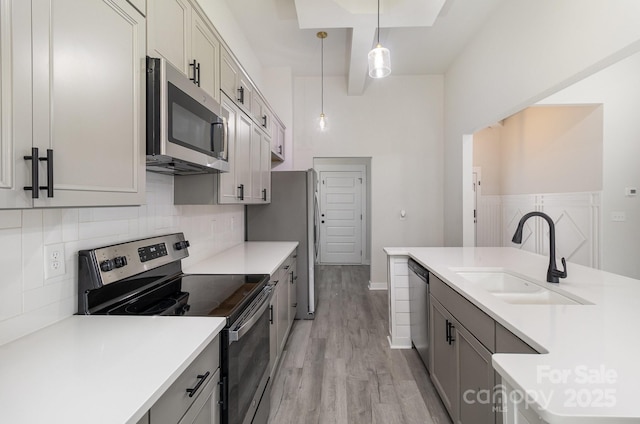 kitchen featuring a sink, light countertops, appliances with stainless steel finishes, light wood-type flooring, and backsplash