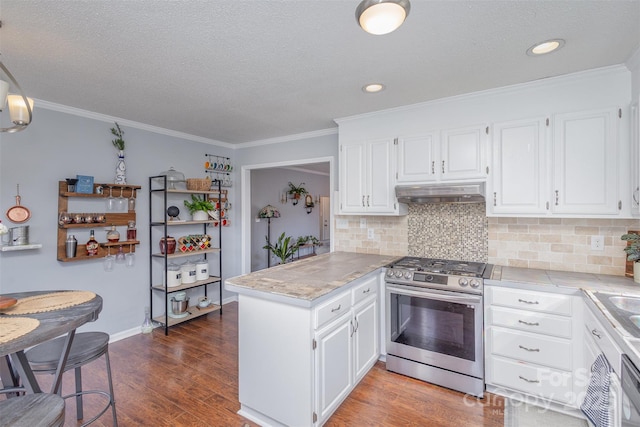 kitchen with appliances with stainless steel finishes, white cabinetry, under cabinet range hood, and a peninsula