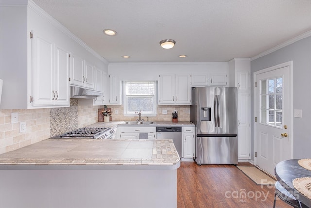 kitchen with under cabinet range hood, stainless steel appliances, a peninsula, a sink, and white cabinetry