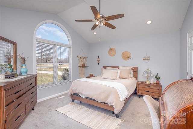 bedroom with ceiling fan, recessed lighting, light colored carpet, baseboards, and vaulted ceiling