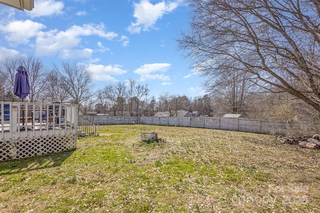 view of yard with a deck and a fenced backyard