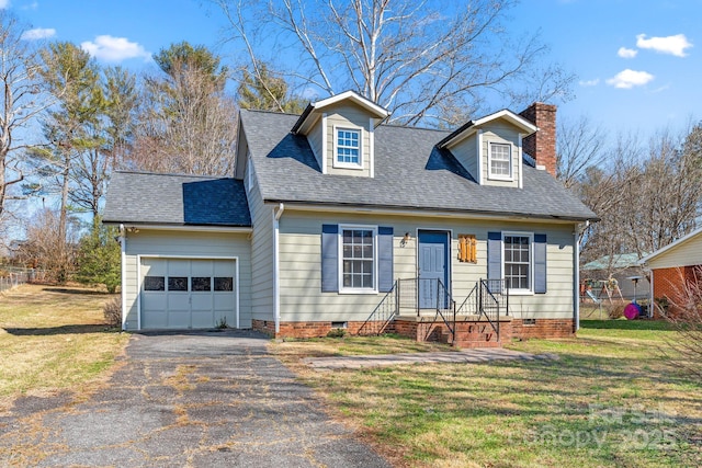 cape cod house with aphalt driveway, a chimney, a shingled roof, an attached garage, and crawl space