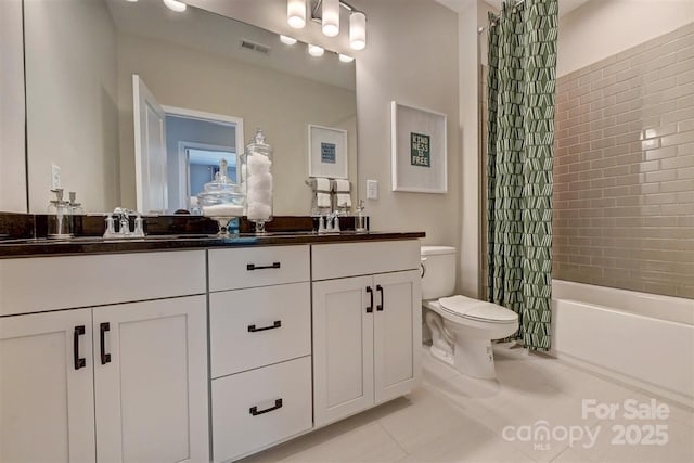 bathroom featuring tile patterned flooring, toilet, visible vents, double vanity, and shower / bathtub combination with curtain