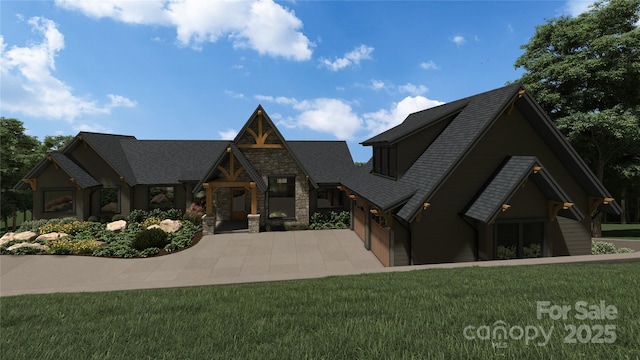 view of front of property featuring stone siding, driveway, a front lawn, and a shingled roof