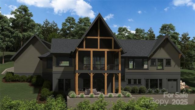 rear view of property with roof with shingles, a lawn, an outdoor hangout area, a balcony, and a patio