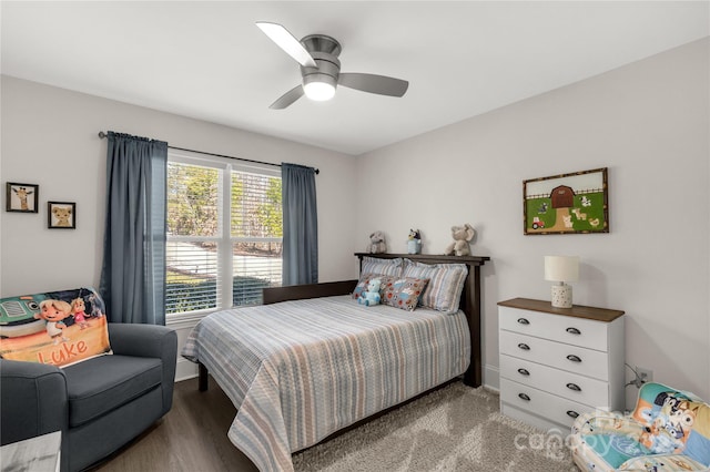 bedroom featuring ceiling fan and wood finished floors