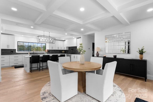 dining area featuring light wood-style floors, coffered ceiling, a notable chandelier, and beamed ceiling