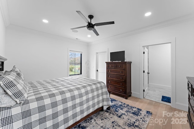 bedroom with recessed lighting, a ceiling fan, baseboards, ornamental molding, and light wood finished floors