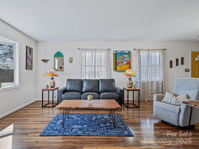 living room with a textured ceiling, baseboards, and wood finished floors