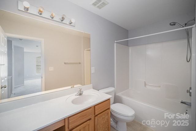 full bathroom with toilet, shower / washtub combination, vanity, and visible vents