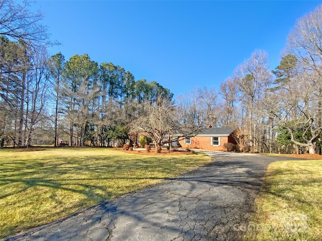 view of front of house with brick siding, driveway, and a front lawn