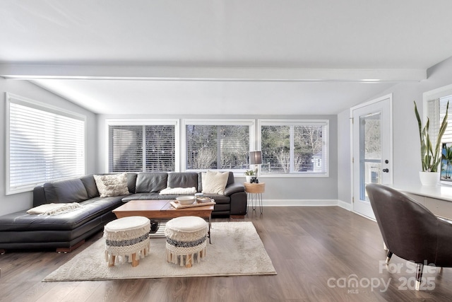 living area featuring beam ceiling, plenty of natural light, baseboards, and wood finished floors