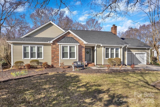 single story home featuring an attached garage, concrete driveway, roof with shingles, a front lawn, and a chimney