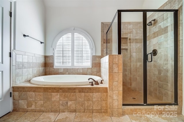 6548 Robin Hollow Dr, Mint Hill, NC 28227 - full bathroom with a bath, tile patterned flooring, and a shower stall