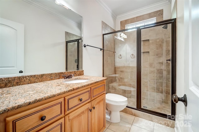 6548 Robin Hollow Dr, Mint Hill, NC 28227 - full bath featuring tile patterned floors, toilet, a stall shower, crown molding, and vanity