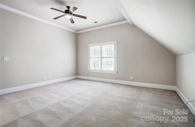6548 Robin Hollow Dr, Mint Hill, NC 28227 - additional living space with visible vents, baseboards, light colored carpet, vaulted ceiling, and a ceiling fan